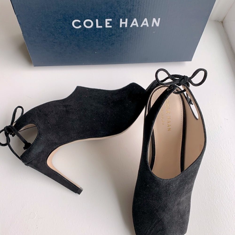 COLE HAAN Emmett Black Suede Peep Toe Ankle Booties NIB - Size 7